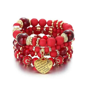 Multilayered Bohemian Bead Tassel Red Heart Charm Bracelet with Goldplated charm